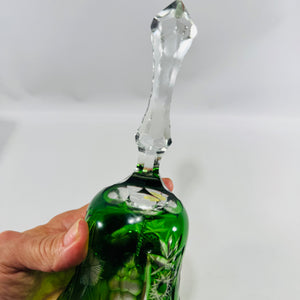 Emerald Green Cut to Clear Crystal Bell 8 Inch Grape Pattern Bohemian Style Vintage Art Glass