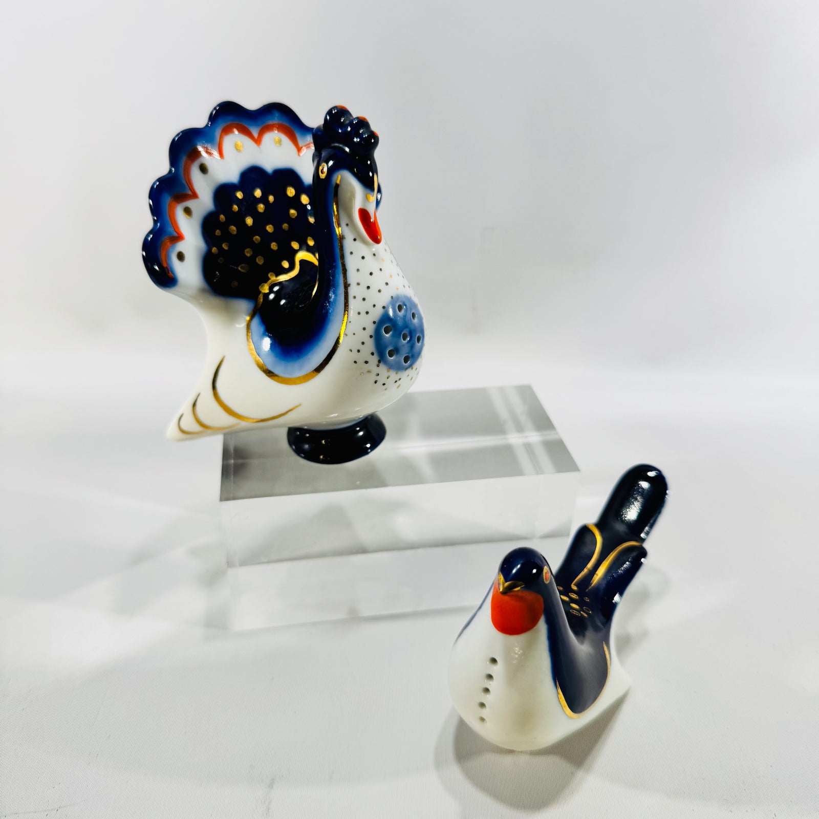 Lomonosov Turkey Bird Salt and Pepper Shakers LFZ Made in USSR Cobalt Porcelain Set