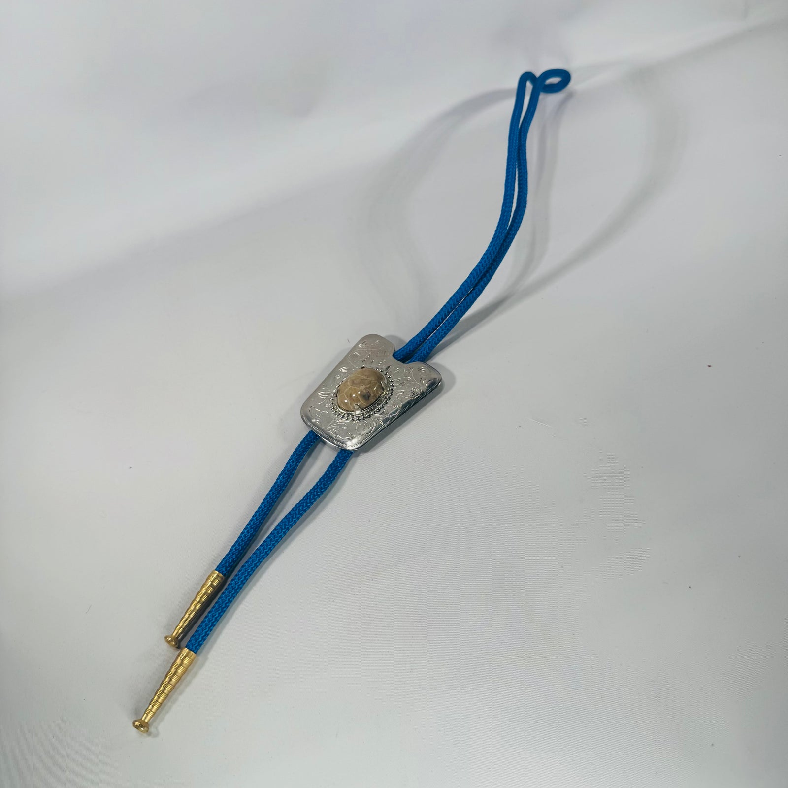 Vintage Petoskey Stone Bolo Tie — Blue Cord Western Slide (17")