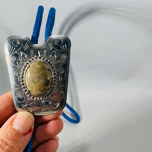 Vintage Petoskey Stone Bolo Tie — Blue Cord Western Slide (17")