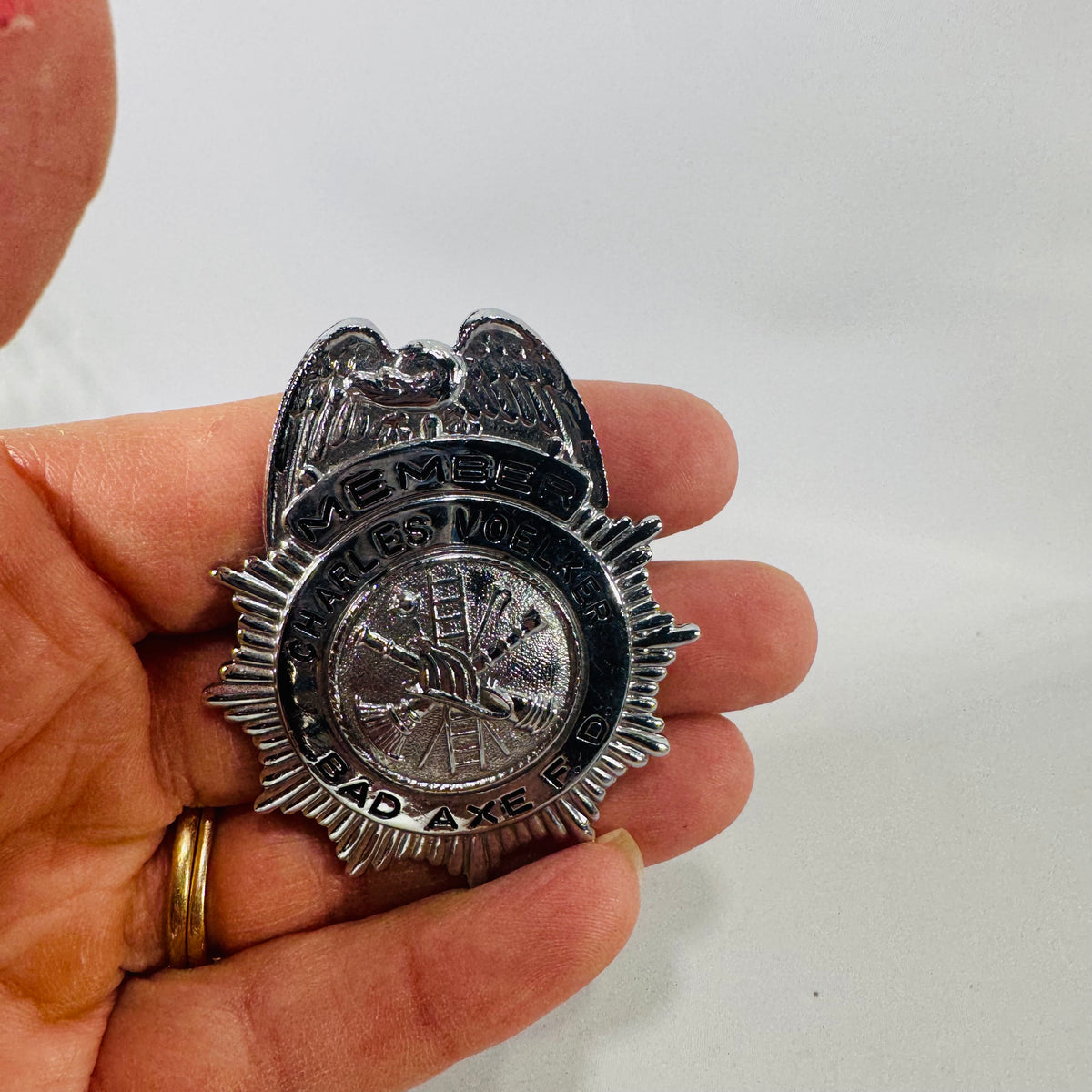 Vintage Bad Axe, Michigan Fire Dept Member Badge — Charles Voelker (2" x 2")
