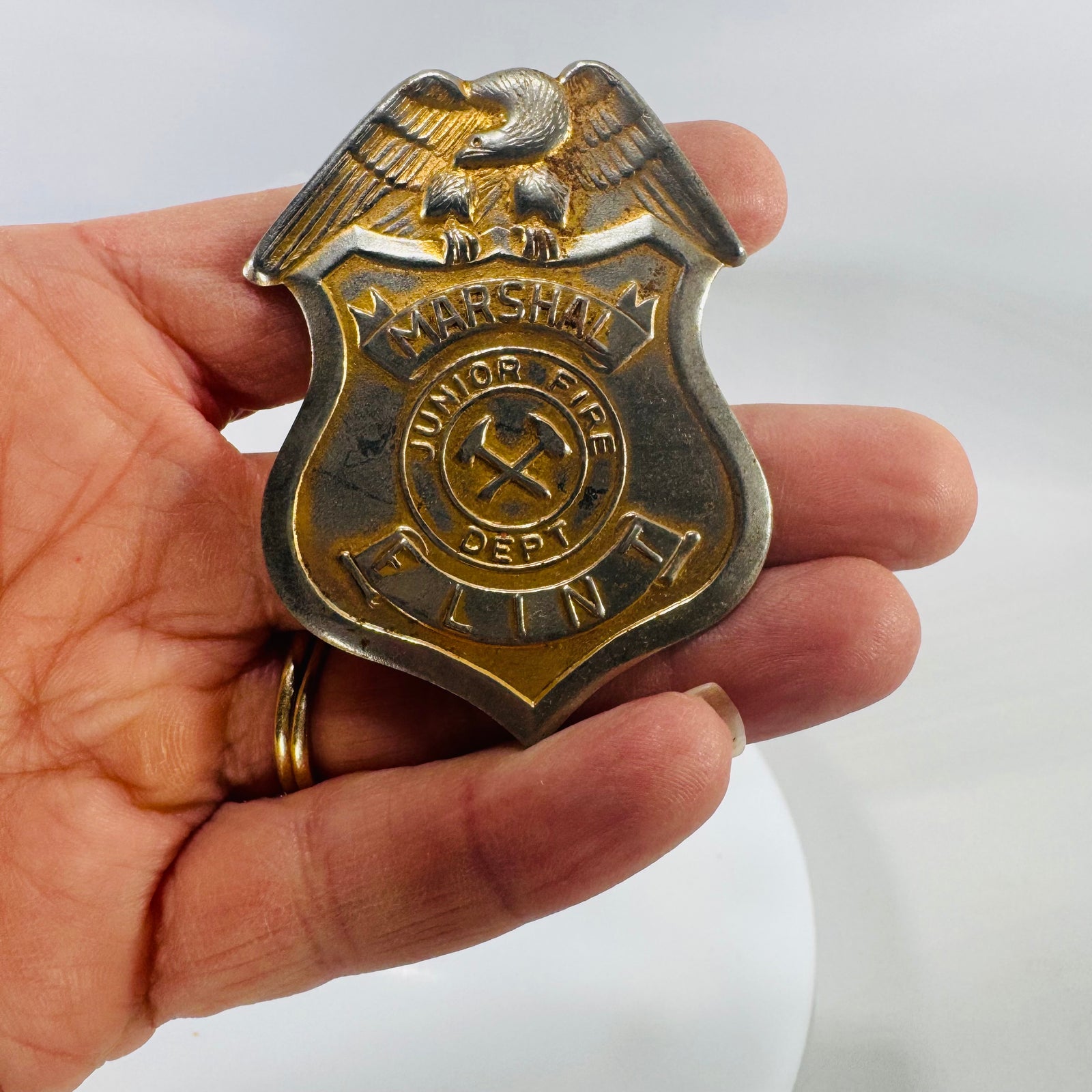Vintage Junior Fire Marshal Badge Pin (Flint, Michigan) – Mid-Century Metal Fire Safety Badge
