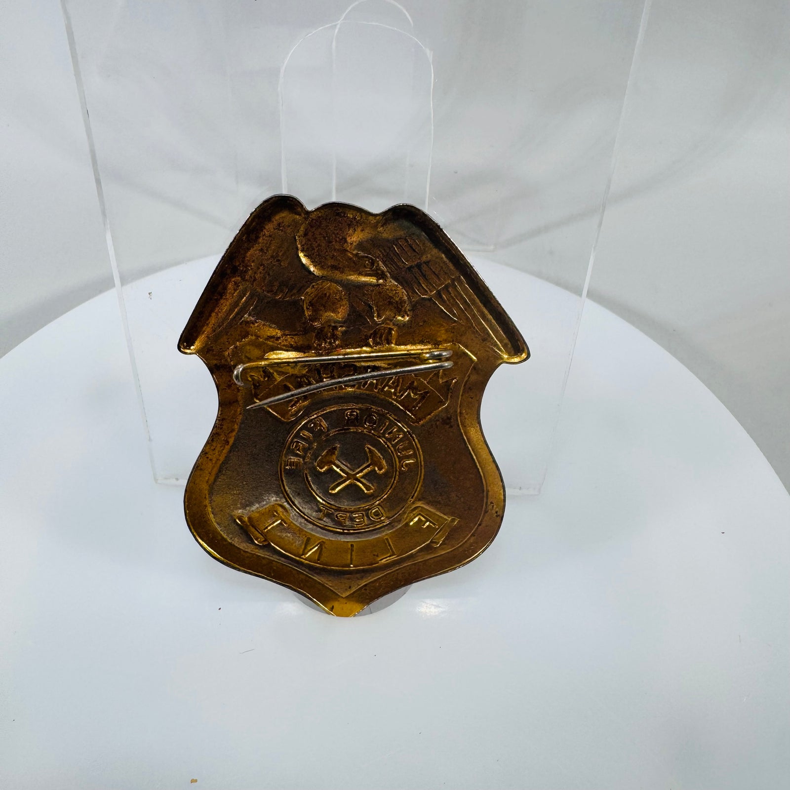 Vintage Junior Fire Marshal Badge Pin (Flint, Michigan) – Mid-Century Metal Fire Safety Badge