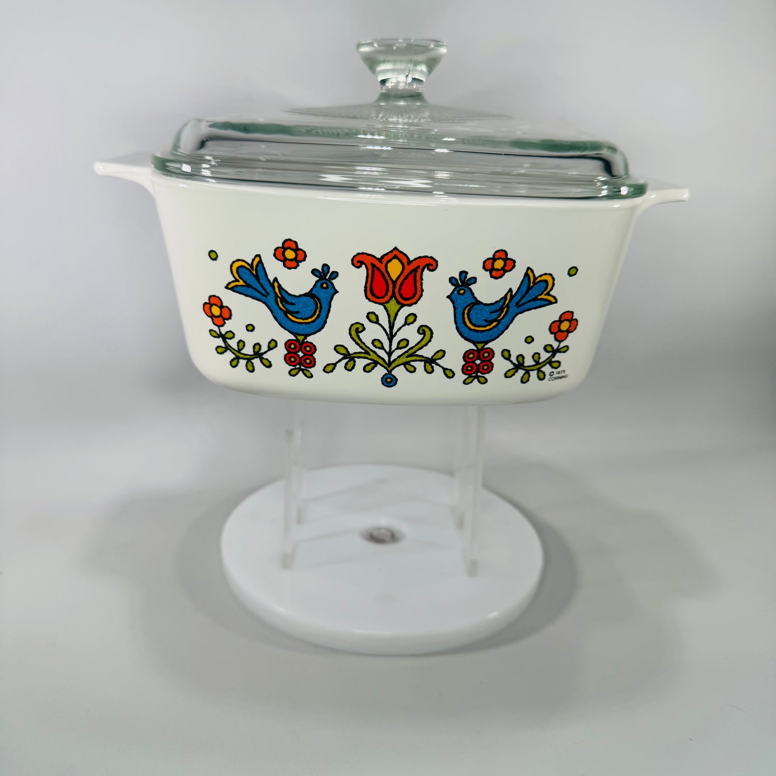 Vintage Corning Ware Country Blue Bird & Tulip Folk Motif Casserole with Pyrex Lid (A-7-C) – 1970s Bird & Tulip Folk Motif
