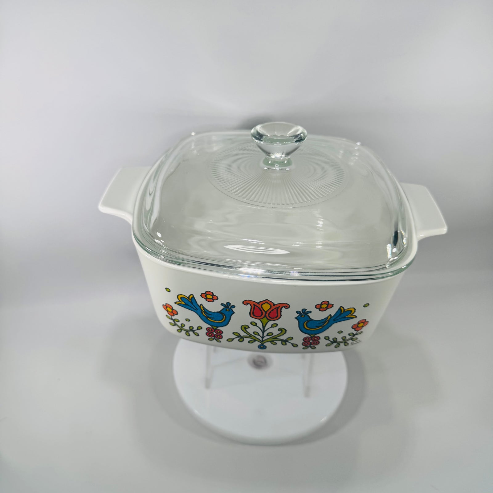 Vintage Corning Ware Country Blue Bird & Tulip Folk Motif Casserole with Pyrex Lid (A-7-C) – 1970s Bird & Tulip Folk Motif