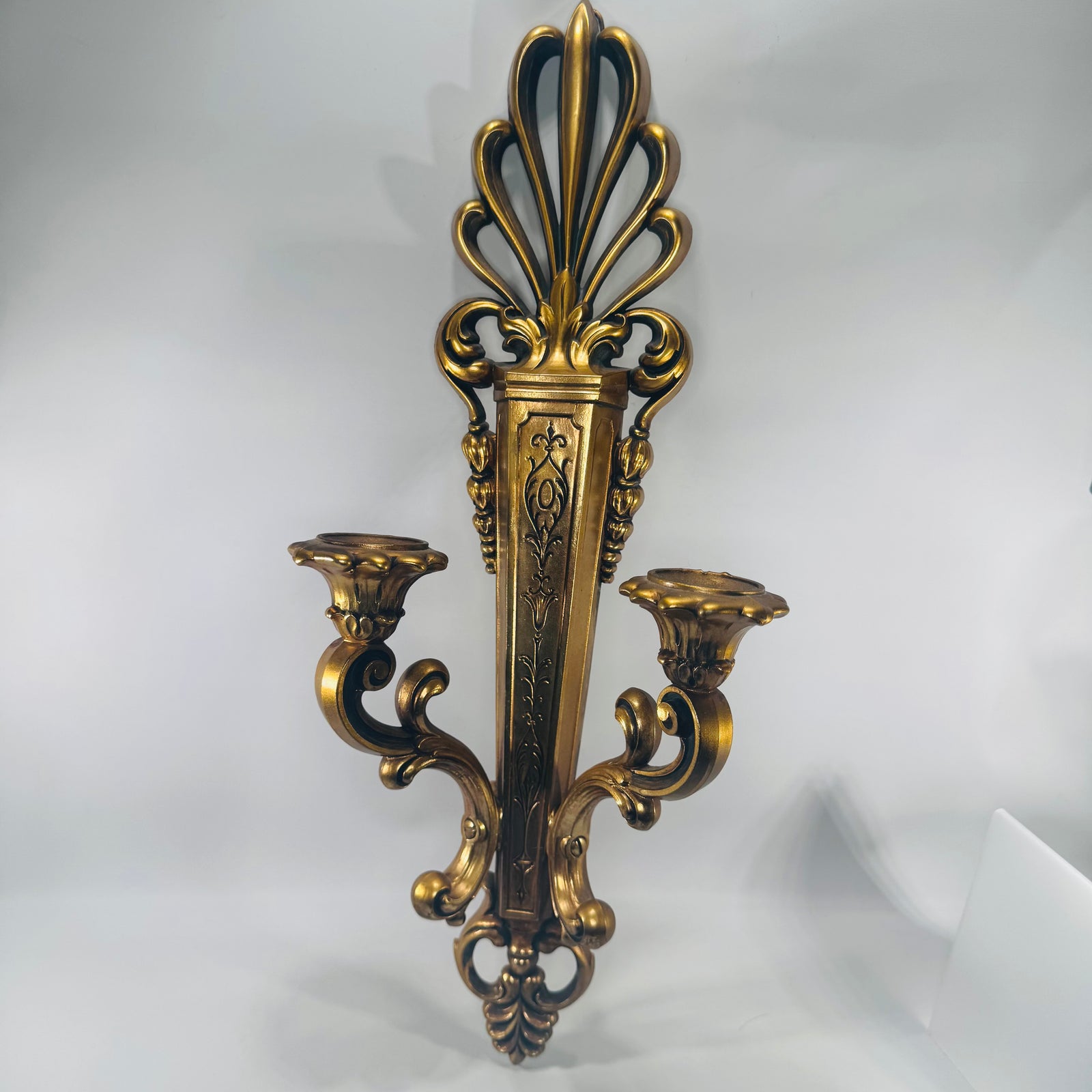 Syroco Double Arm Wall Candle Sconce (4051) – Vintage Gold Hollywood Regency Wall Decor | Made in USA