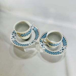 Fin Porcelain Demitasse Cups Saucers Blue Checkerboard Gold Rim Vintage Set of 2