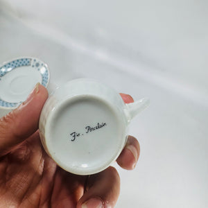 Fin Porcelain Demitasse Cups Saucers Blue Checkerboard Gold Rim Vintage Set of 2