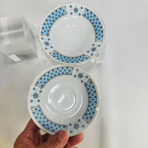 Fin Porcelain Demitasse Cups Saucers Blue Checkerboard Gold Rim Vintage Set of 2