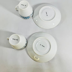 Fin Porcelain Demitasse Cups Saucers Blue Checkerboard Gold Rim Vintage Set of 2