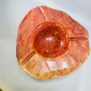 Raw Edge Red Alabaster Ashtray 1960s MCM Heavy Stone Smoking Bowl 8.25 Inch