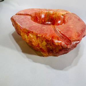 Raw Edge Red Alabaster Ashtray 1960s MCM Heavy Stone Smoking Bowl 8.25 Inch
