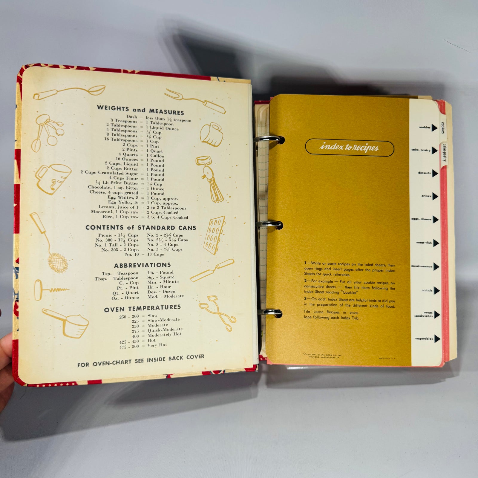 Vintage red “My Recipes” fabric-covered 3-ring recipe binder with kitchen motif print, tab dividers and lined pages, shown open with envelopes and recipe papers.