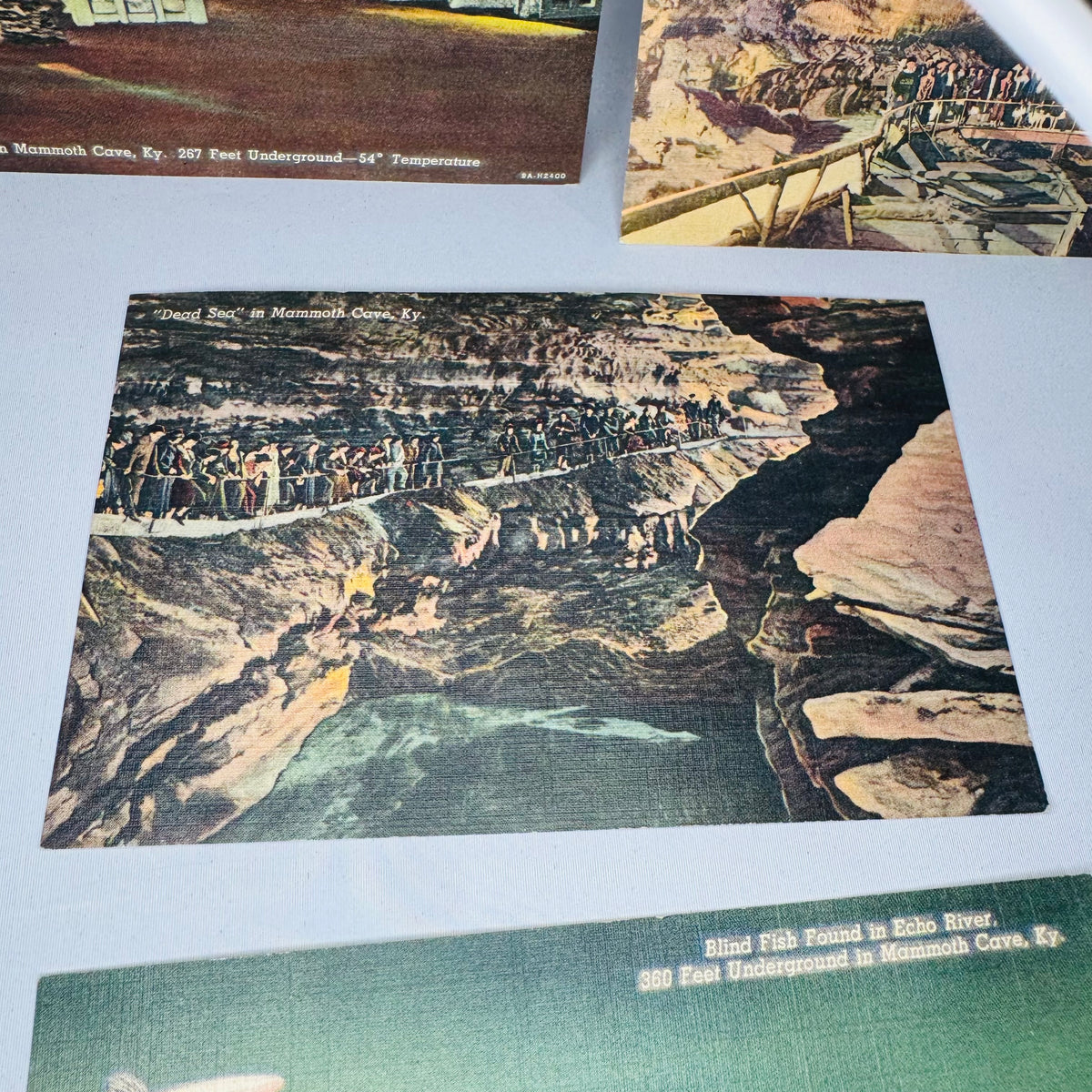 Vintage Linen Postcard Set, Travel Souvenir Ephemera — Mammoth Cave Kentucky Views (c. 1930s–1940s) — Curt Teich “C.T. Art-Colortone” | Cave Scenes, Travel Souvenir Ephemera