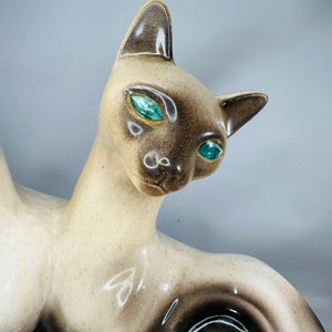 Vintage Lane & Co Siamese Cats Ceramic Lamp (13") | Mid-Century Modern Teal-Eyed Cat Light