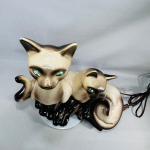 Vintage Lane & Co Siamese Cats Ceramic Lamp (13") | Mid-Century Modern Teal-Eyed Cat Light