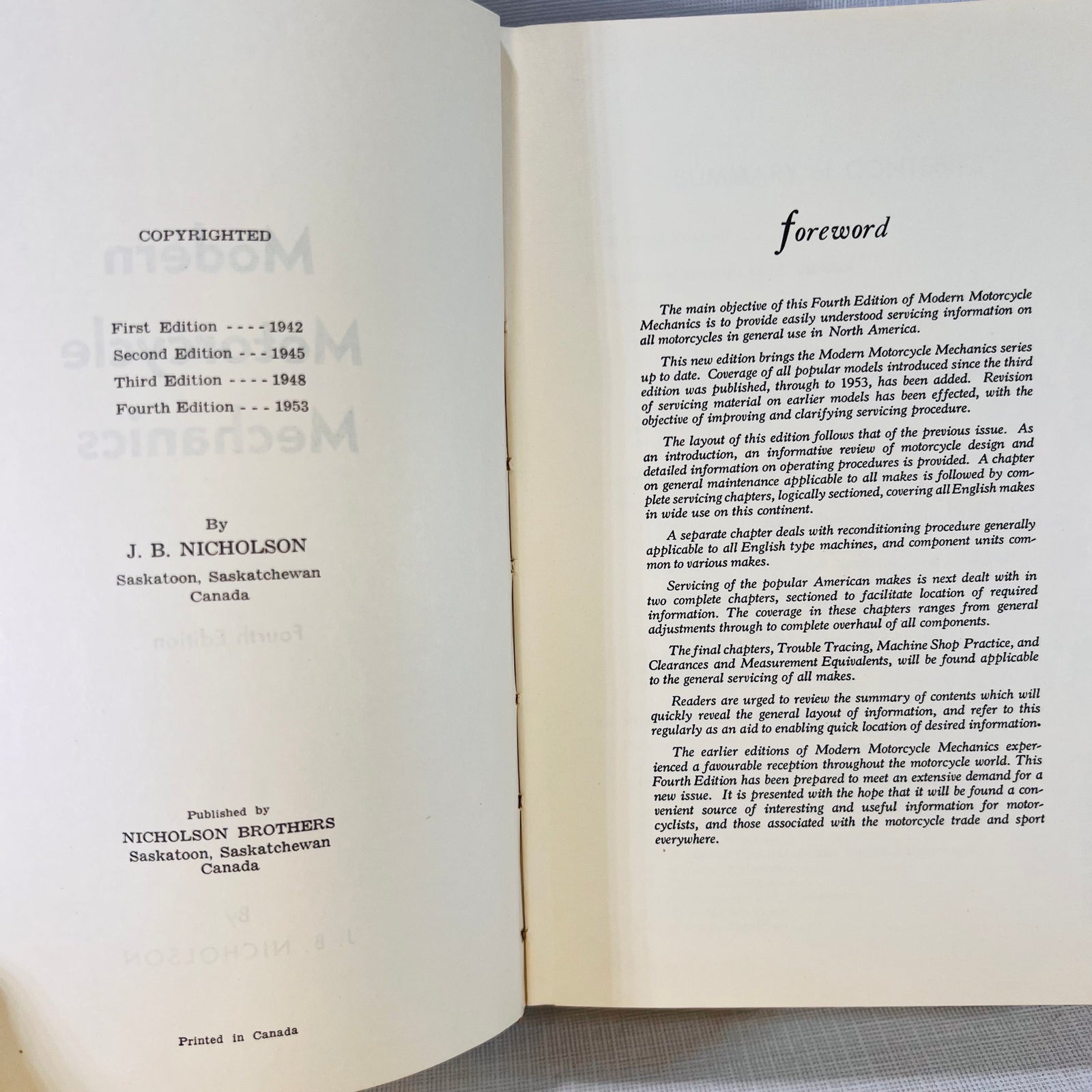 Modern Motorcycle Mechanics by J.B. Nicholson Fourth Edition 1953 Nicholson Brothers