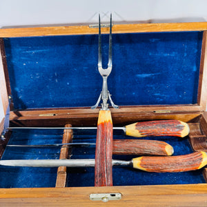 Case XX “Chromium Carver” Vintage Boxed Carving Set (Process Pat. 2147079) – Stag-Look Handles, 4-Piece