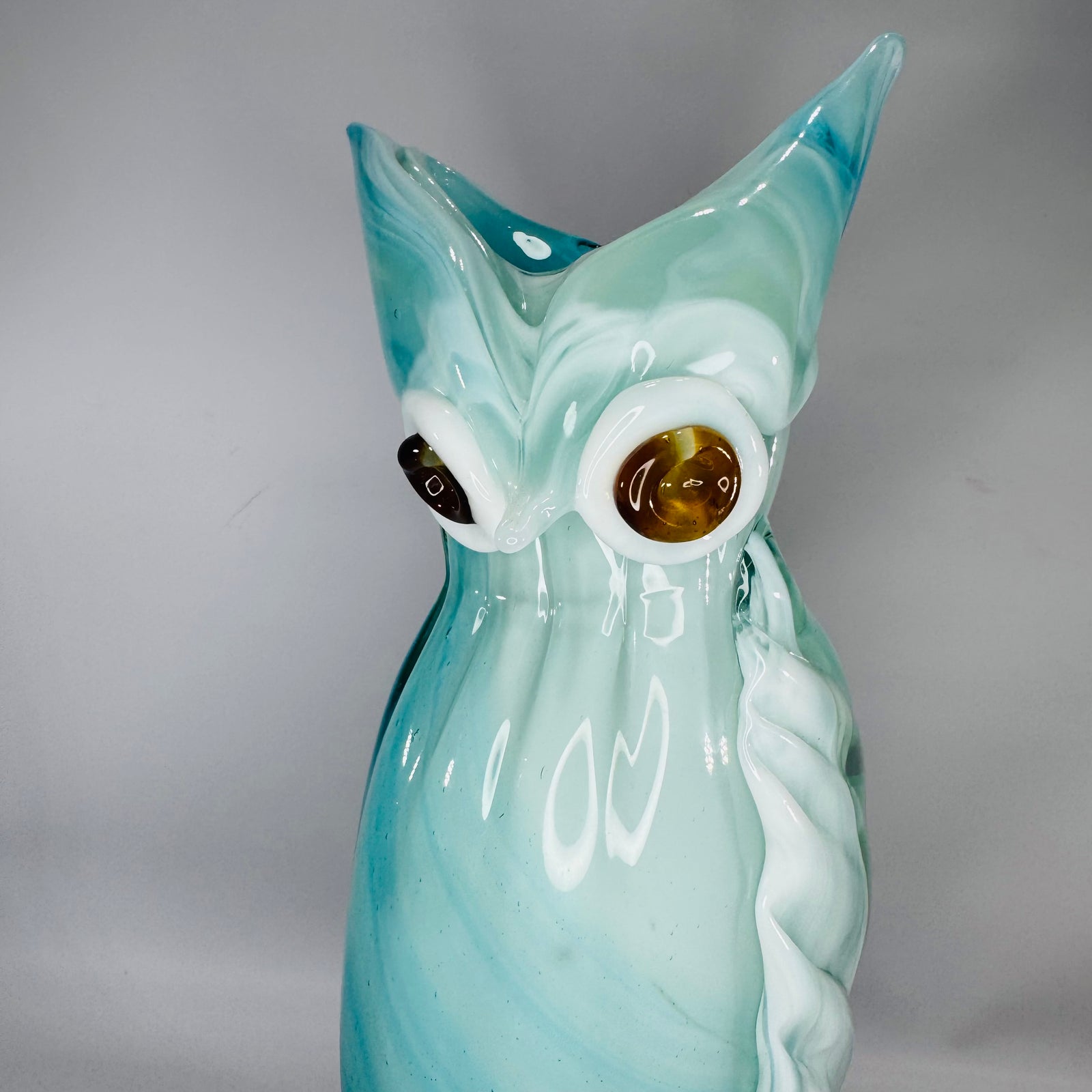 Murano-Style Hand-Blown Art Glass Owl Vase (Blue & White Swirl) – 10”