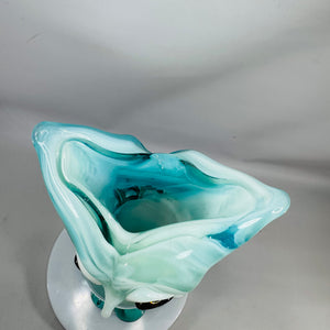 Murano-Style Hand-Blown Art Glass Owl Vase (Blue & White Swirl) – 10”