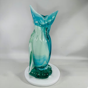 Murano-Style Hand-Blown Art Glass Owl Vase (Blue & White Swirl) – 10”