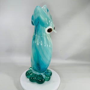 Murano-Style Hand-Blown Art Glass Owl Vase (Blue & White Swirl) – 10”