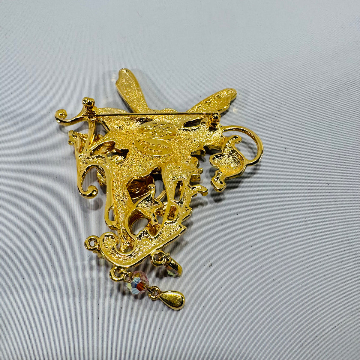Kirk’s Folly “Strawberry Queen” Fairy Brooch Pendant (Convertible) – Gold Tone Enamel Wings, AB Crystal Dangle Charms