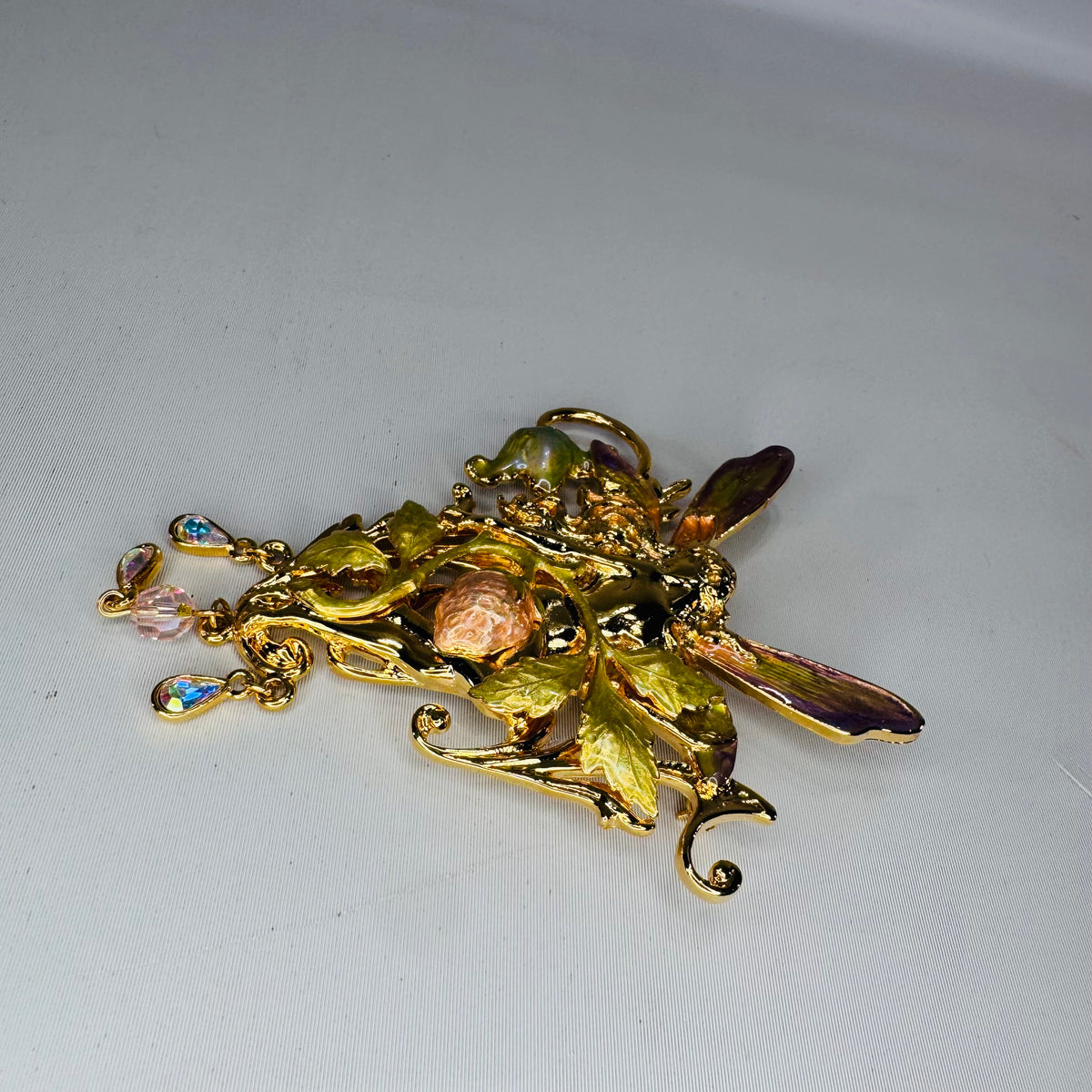 Kirk’s Folly “Strawberry Queen” Fairy Brooch Pendant (Convertible) – Gold Tone Enamel Wings, AB Crystal Dangle Charms
