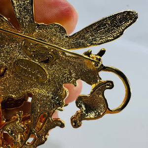 Kirk’s Folly “Strawberry Queen” Fairy Brooch Pendant (Convertible) – Gold Tone Enamel Wings, AB Crystal Dangle Charms