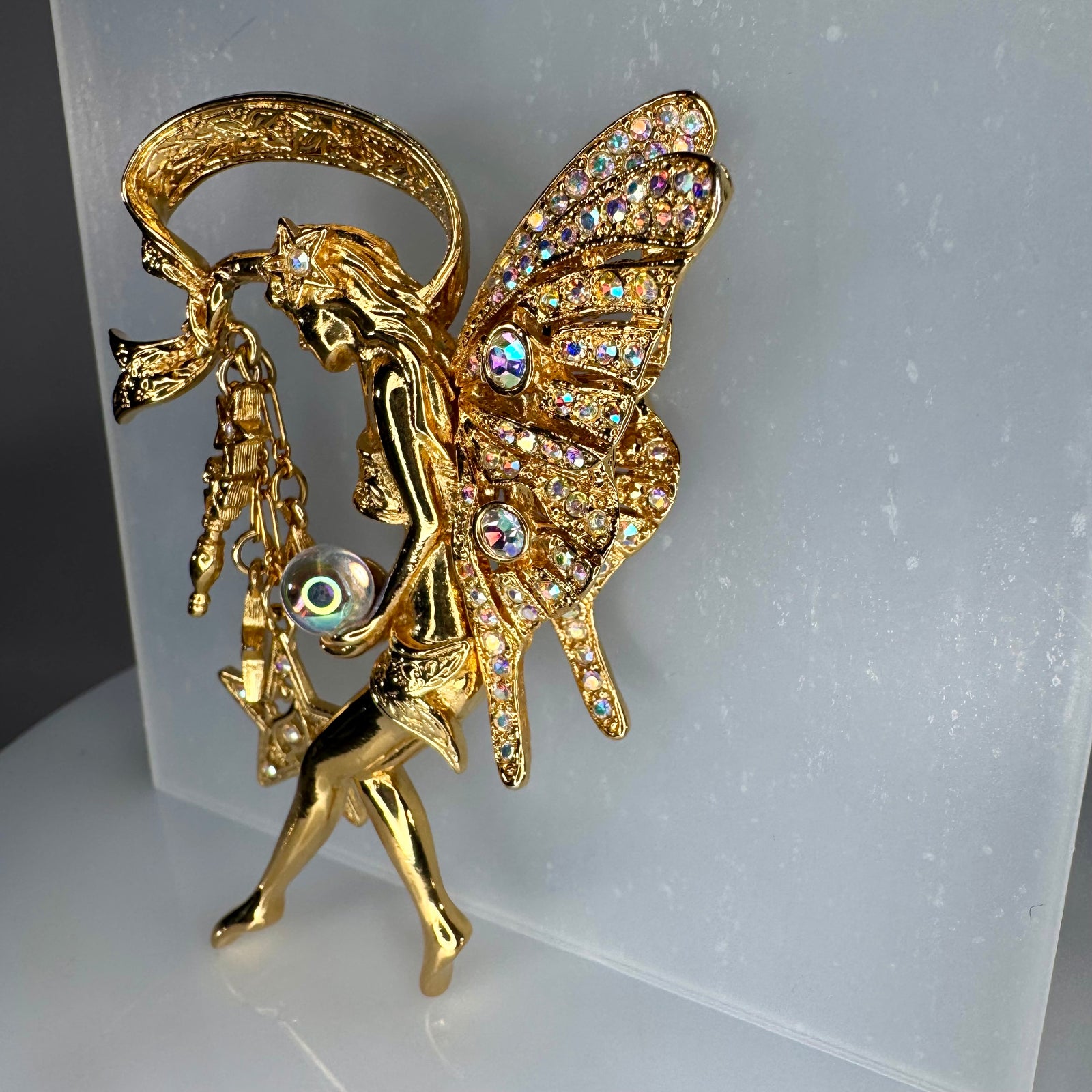 Signed Kirk’s Folly Fairy Godmother Brooch Pin (AB Rhinestones + Crystal Ball)