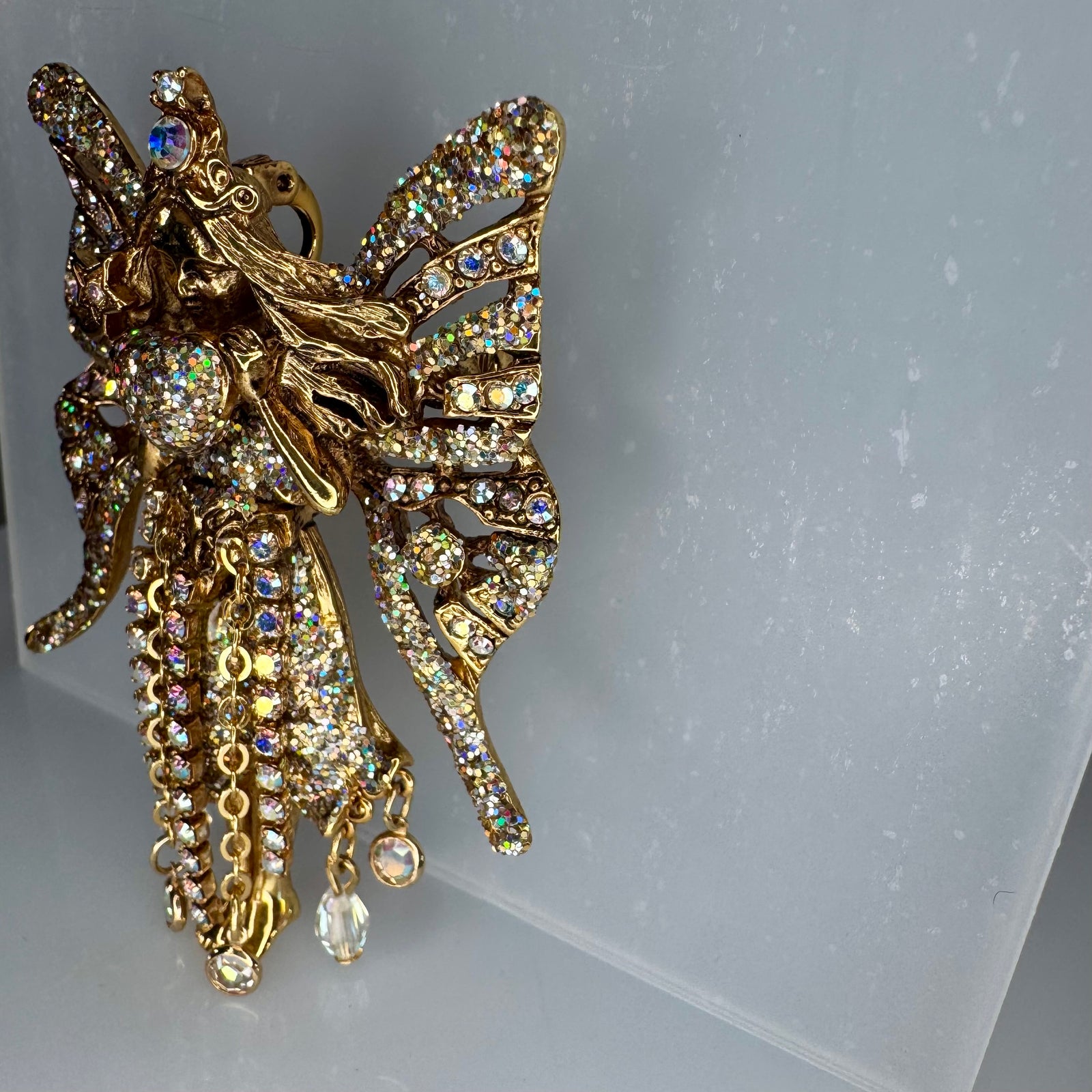 Kirks Folly Crystal Fairy Godmother Brooch Pendant, AB Aurora Borealis Rhinestone Fairy Pin, Gold Tone Dangle Beads