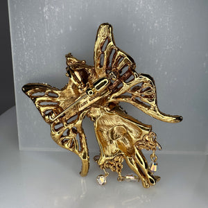 Kirks Folly Crystal Fairy Godmother Brooch Pendant, AB Aurora Borealis Rhinestone Fairy Pin, Gold Tone Dangle Beads