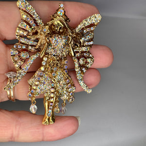 Kirks Folly Crystal Fairy Godmother Brooch Pendant, AB Aurora Borealis Rhinestone Fairy Pin, Gold Tone Dangle Beads