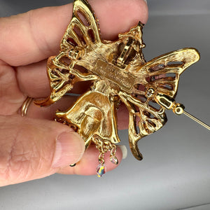 Kirks Folly Crystal Fairy Godmother Brooch Pendant, AB Aurora Borealis Rhinestone Fairy Pin, Gold Tone Dangle Beads