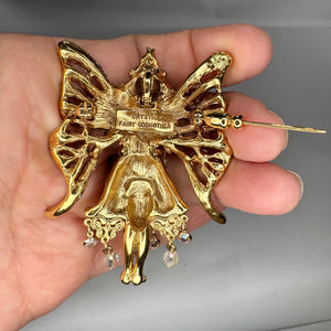 Kirks Folly Crystal Fairy Godmother Brooch Pendant, AB Aurora Borealis Rhinestone Fairy Pin, Gold Tone Dangle Beads