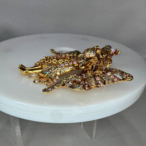 Kirks Folly Crystal Fairy Godmother Brooch Pendant, AB Aurora Borealis Rhinestone Fairy Pin, Gold Tone Dangle Beads