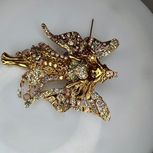 Kirks Folly Crystal Fairy Godmother Brooch Pendant, AB Aurora Borealis Rhinestone Fairy Pin, Gold Tone Dangle Beads