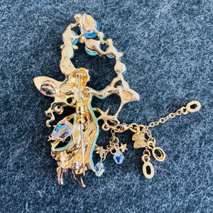 Kirks Folly Bubble Fairy brooch Pendant, AB Aurora Borealis Rhinestone Fairy Pin, Gold Tone Dangle Beads