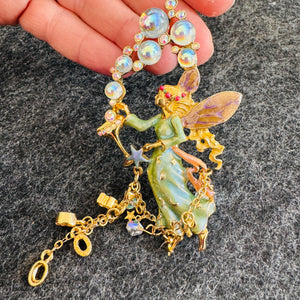 Kirks Folly Bubble Fairy brooch Pendant, AB Aurora Borealis Rhinestone Fairy Pin, Gold Tone Dangle Beads