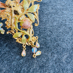 Kirk’s Folly “Strawberry Queen” Fairy Brooch Pendant (Convertible) – Gold Tone Enamel Wings, AB Crystal Dangle Charms