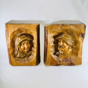 Hand Carved Old Couple Relief Plaques Pair Mid Century Folk Art Wood Man Pipe Woman