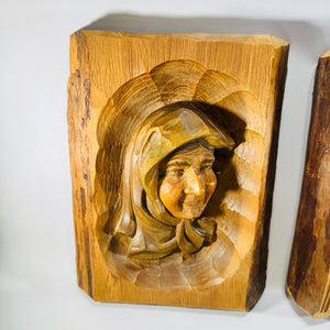 Hand Carved Old Couple Relief Plaques Pair Mid Century Folk Art Wood Man Pipe Woman