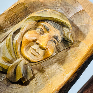 Hand Carved Old Couple Relief Plaques Pair Mid Century Folk Art Wood Man Pipe Woman