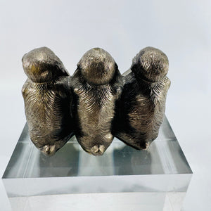 Three Wise Monkeys Figurine Antique Silver Tone See Hear Speak No Evil Desk Sculpture