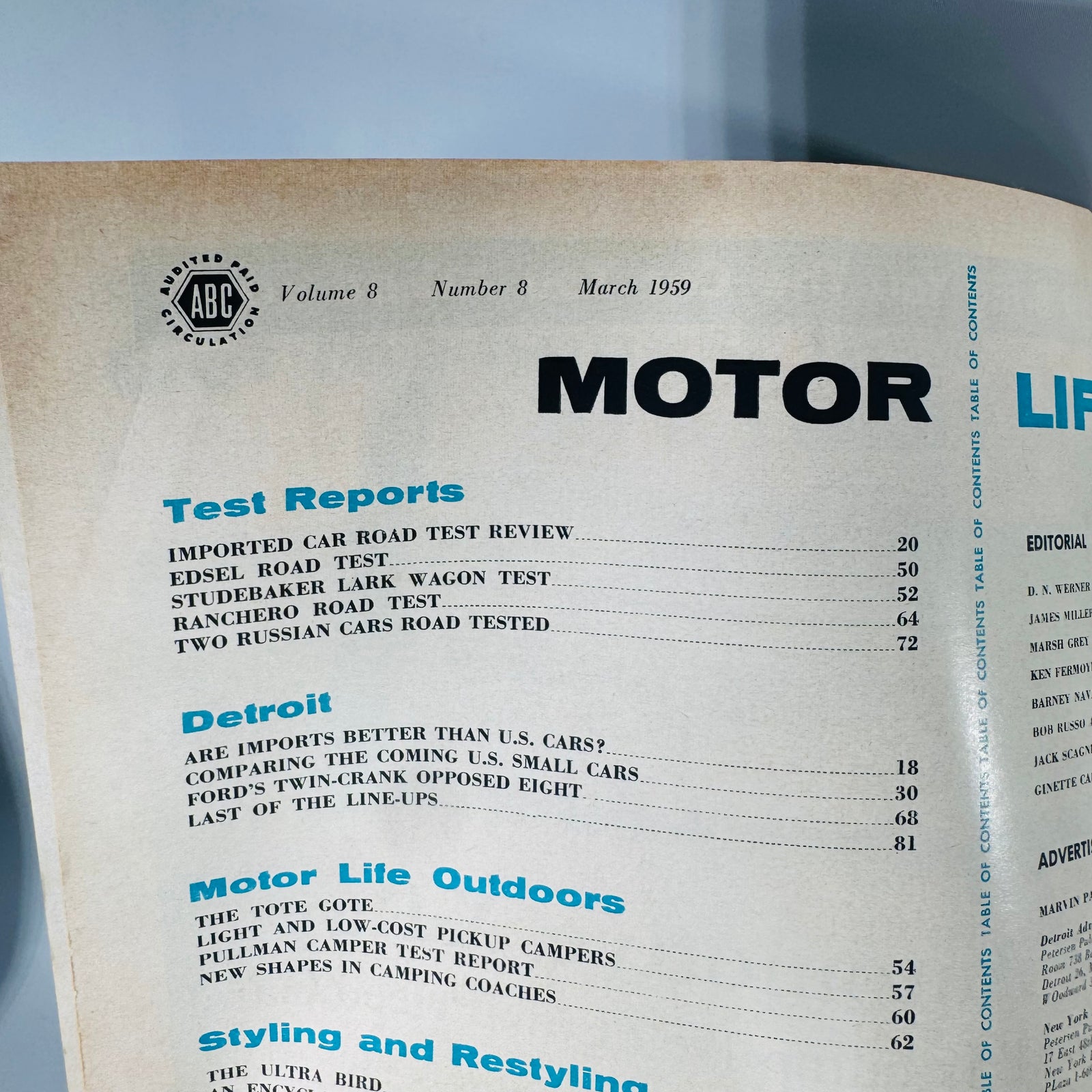 Vintage Motor Life Magazine (March 1959) — Imports vs U.S. Cars, Edsel + Ranchero Road Tests | Two Russian Cars Tested, Automotive History Magazine