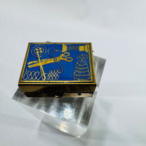 Miniature Sewing Kit Blue Enamel Brass Tone Box with Sewing Notions Mid Century