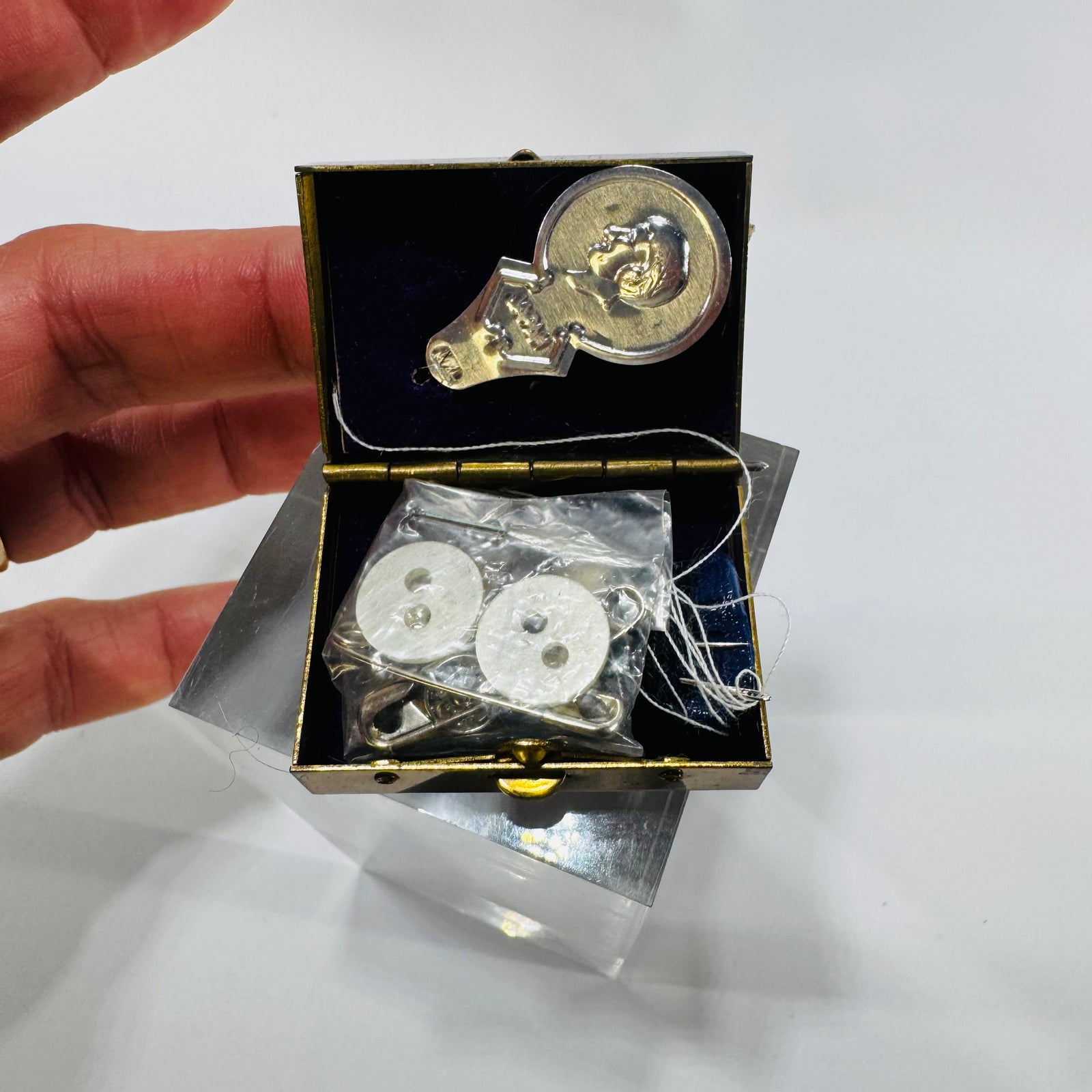 Miniature Sewing Kit Blue Enamel Brass Tone Box with Sewing Notions Mid Century