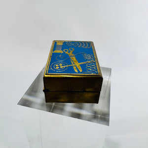 Miniature Sewing Kit Blue Enamel Brass Tone Box with Sewing Notions Mid Century