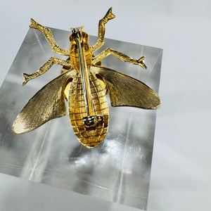 Tiger Eye Insect Brooch 1960s Gold Tone Bug Pin Textured Wings Vintage Costume Jewelry