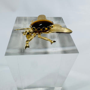 Tiger Eye Insect Brooch 1960s Gold Tone Bug Pin Textured Wings Vintage Costume Jewelry
